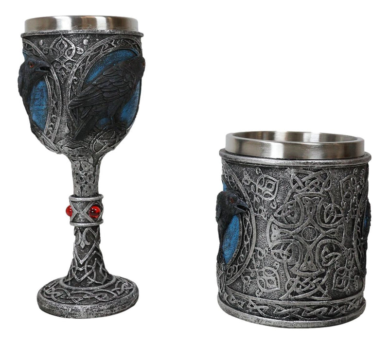 Ebros Moonlight Raven Crow With Celtic Tribal Tattoo Wine Goblet And Mug Set