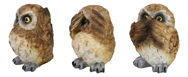 Wisdom Of The Forest See Hear Speak No Evil Great Horned Owls Mini Figurines Set