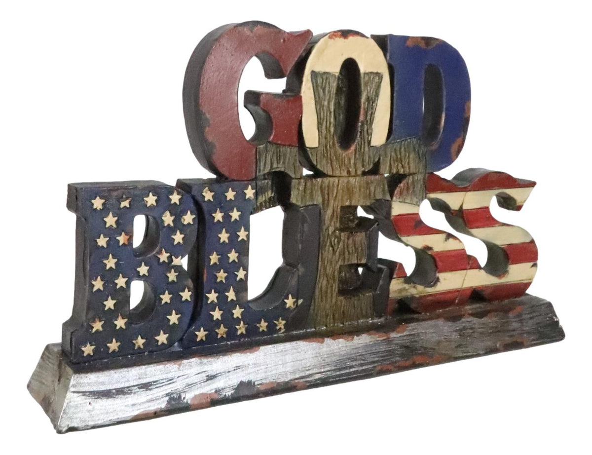 Rustic Western Patriotic United States Flag With Cross God Bless Desktop Plaque