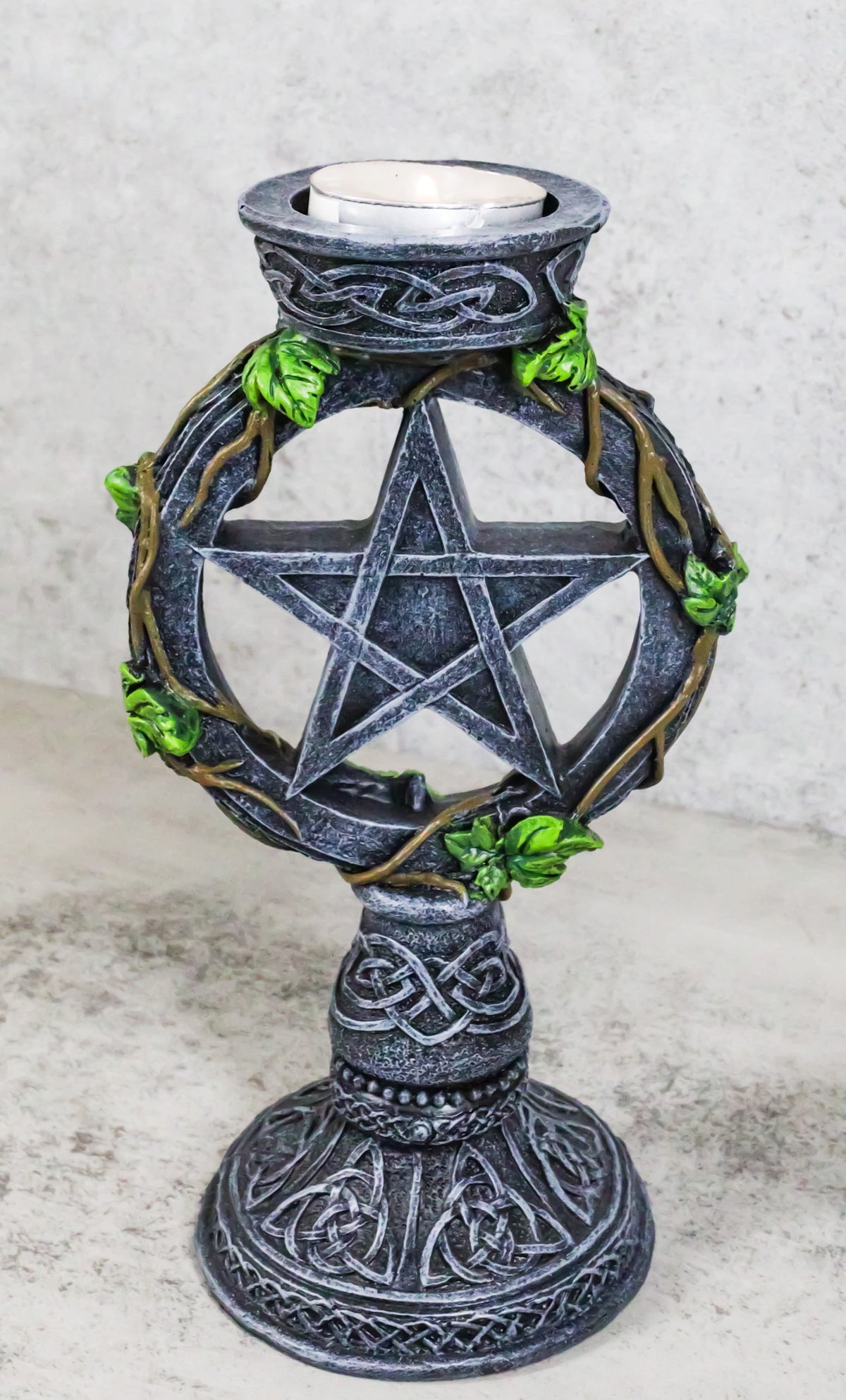 Wicca Pentagram Star In Circle With Celtic Knotwork Ivy Vine Votive Candleholder