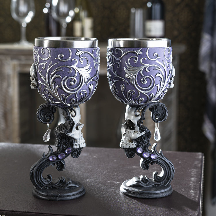 Set Of 2 Gothic Death's Desire Silver Scrollwork Victorian Skull Wine Goblets