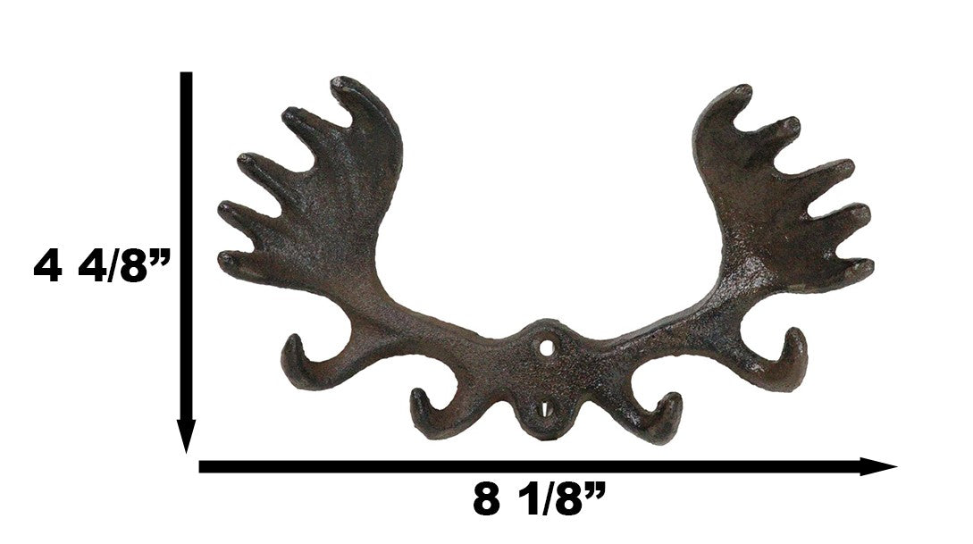 Set Of 2 Cast Iron Western Rustic Bull Moose Antlers Rack 4 Pegs Wall Hooks
