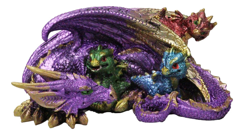 Magic Purple Mother Dragon Protecting Her Colorful Hatchling Babies Figurine