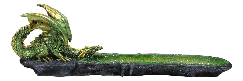 Metallic Green Gold Dragon Crouching On Faux Crystal Geode Basin Incense Holder