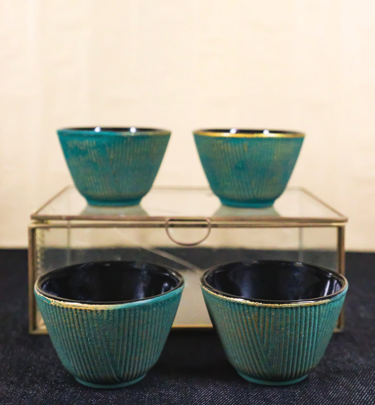 Pack Of 4 Green With Gold Hues Cast Iron Tetsubin Textured Tea Cups 3oz