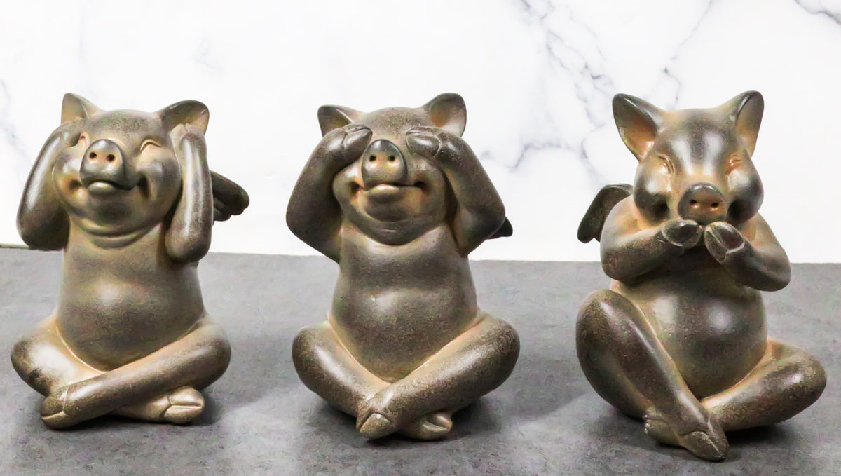 Rustic Country Angel Winged Pigs in See Hear Speak No Evil Poses Figurines Set - Ebros Gift