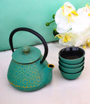 Chrysanthemum Green Gold Petite Cast Iron Teapot 10oz With 4 Mini Tea Cups Set