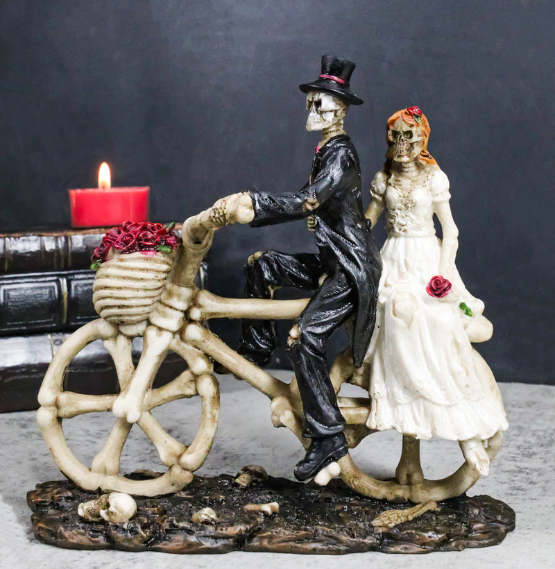 Wedding Skeletons Bride And Groom Riding Skeletal Bones Roses Bicycle Figurine