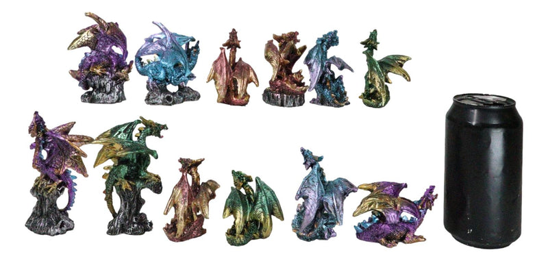 Set Of 12 Colorful Metallic Behemoth Dragons In Multiple Poses Mini Figurines