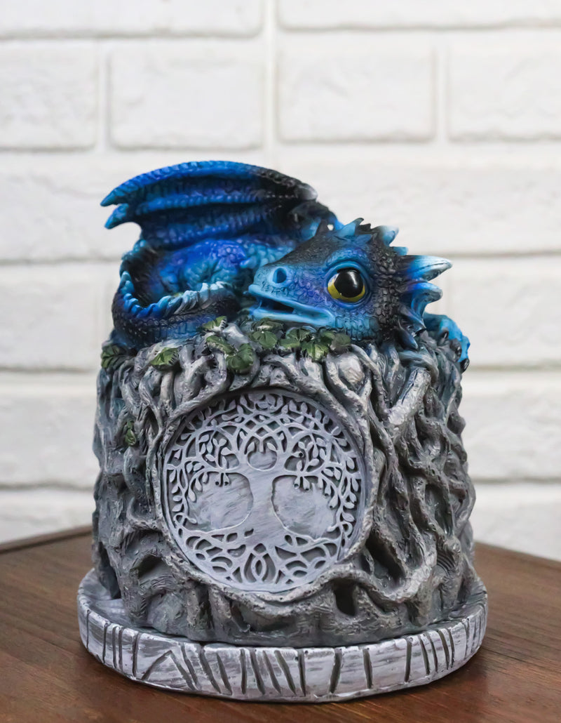 Blue Wyrmling Dragon Sleeping On Tree Of Life Stump Cone Incense Burner Figurine