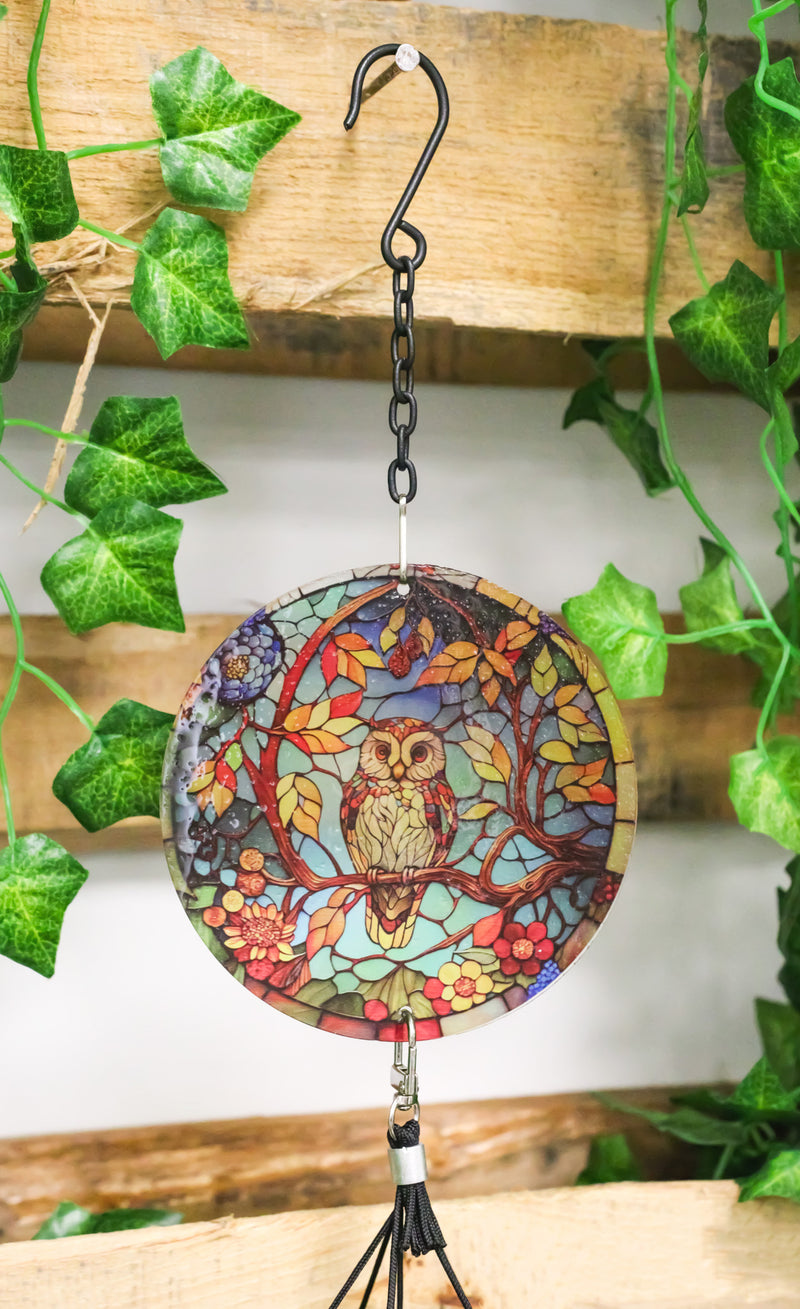 Mystical Great Horned Owl Colorful Art Glass Hanging Wind Chime With Metal Rods