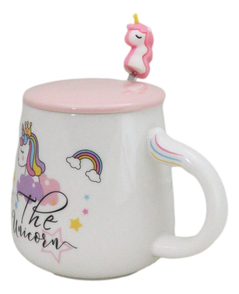 White Whimsical Crowned Unicorn Rainbow Shooting Star Mug With Spoon And Lid
