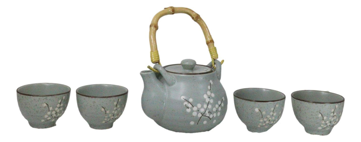 Japanese Sakura Pastel Ume Plum Cherry Blossom Traditional Teapot With Cups Set - Ebros Gift