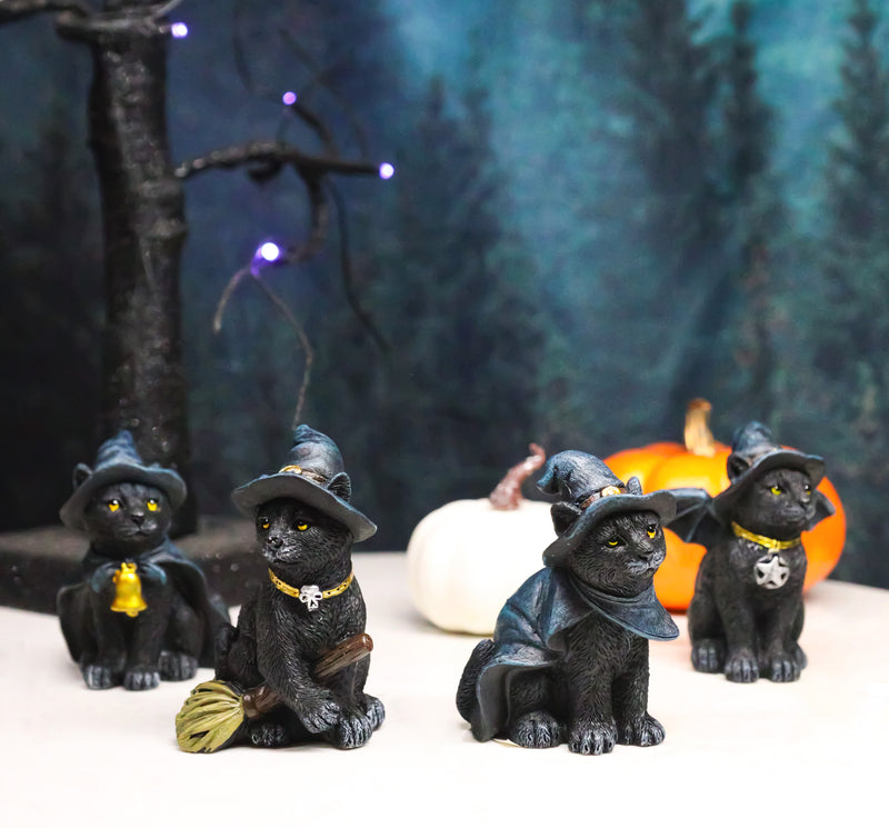 Set of 4 Halloween Black Cats With Witch Hats Broom Pentagram Mini Figurines