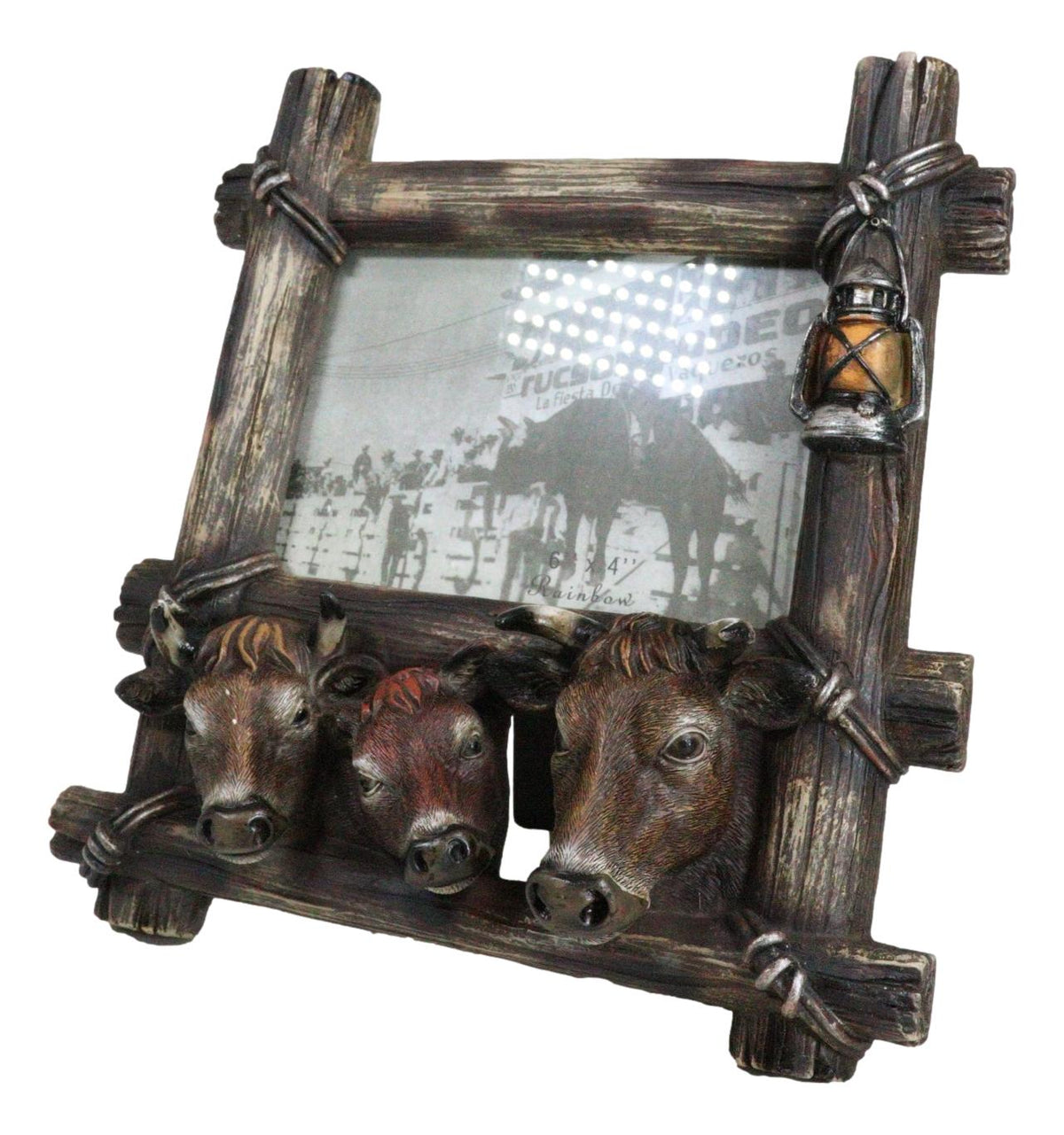 Western Country Rustic Farm Cattle Cow Bulls Barnwood Lantern Picture Frame 6x4