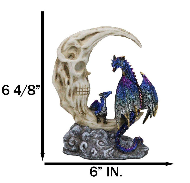 Blue Dragon With Baby Wyrmling Perching On Bone Skull Crescent Moon Figurine