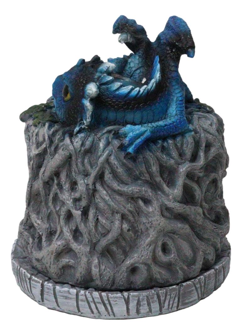 Blue Wyrmling Dragon Sleeping On Tree Of Life Stump Cone Incense Burner Figurine