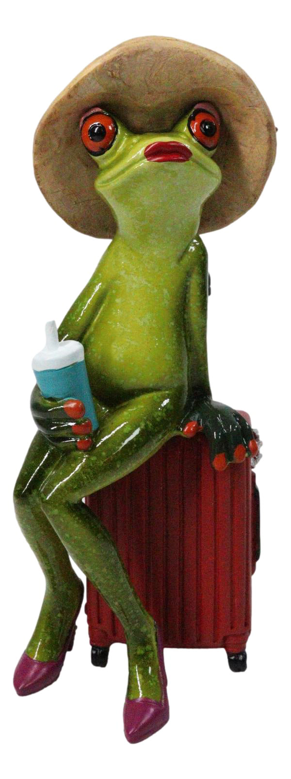 Ebros Frog Lady on Suitcase Beach Hat Red Stilettos Resin Figurine 7.75"