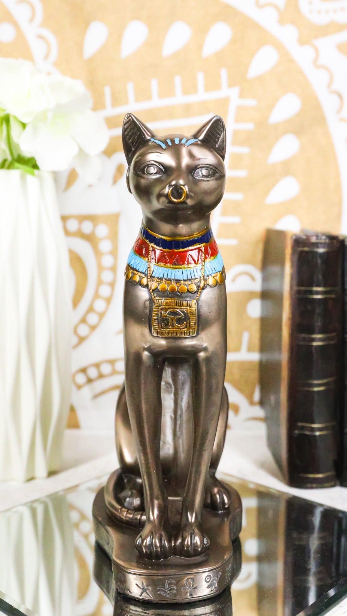 Egyptian Goddess Faux Bronze Bastet Cat Sitting in Royal Pose Figurine