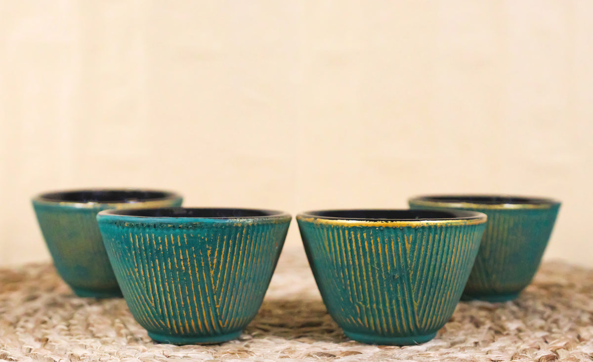 Pack Of 4 Green With Gold Hues Cast Iron Tetsubin Textured Tea Cups 3oz