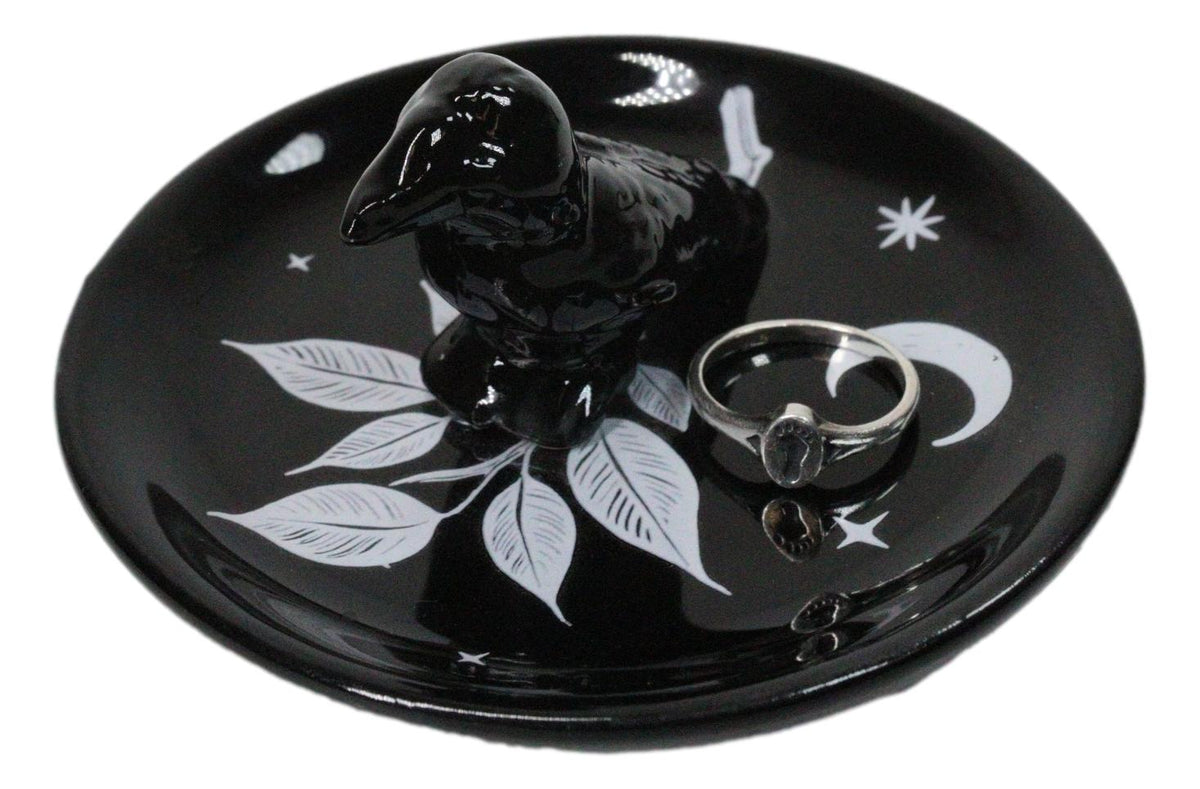 Wicca Gothic Mystic Raven Crow With Crescent Moon Ceramic Trinket Jewelry Dish
