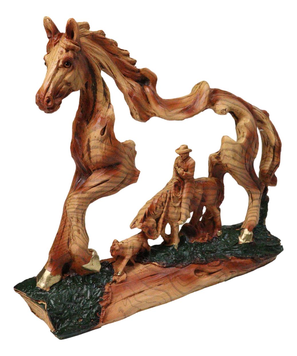 Rustic Western Running Horse Faux Wood Sculpture with Cowboy Riding Bronco