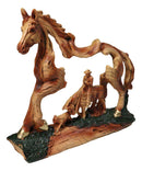 Rustic Western Running Horse Faux Wood Sculpture with Cowboy Riding Bronco