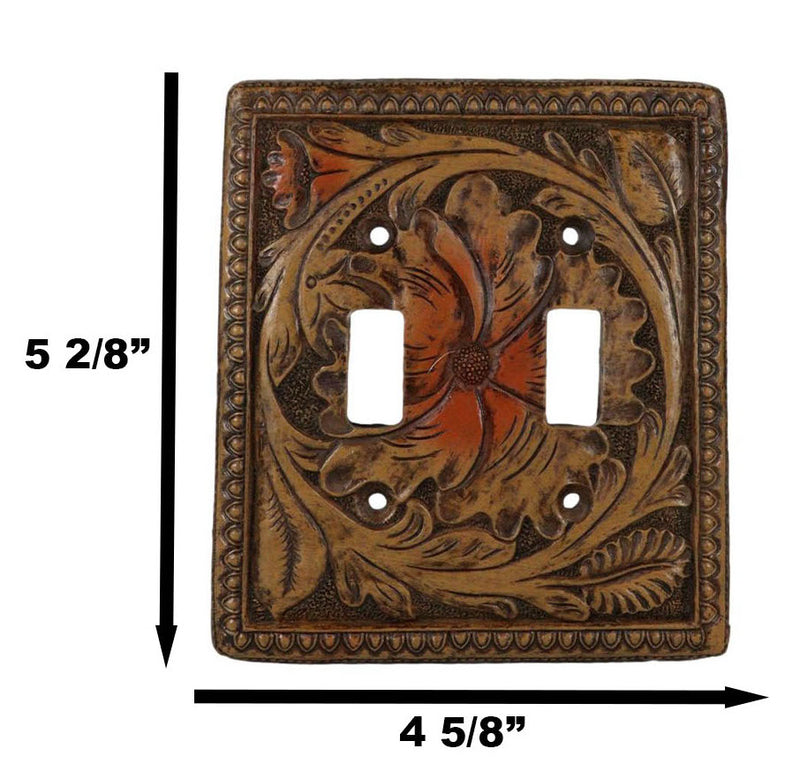 Set of 2 Western Tooled Floral Lace Faux Wood Wall Double Toggle Switch Plates
