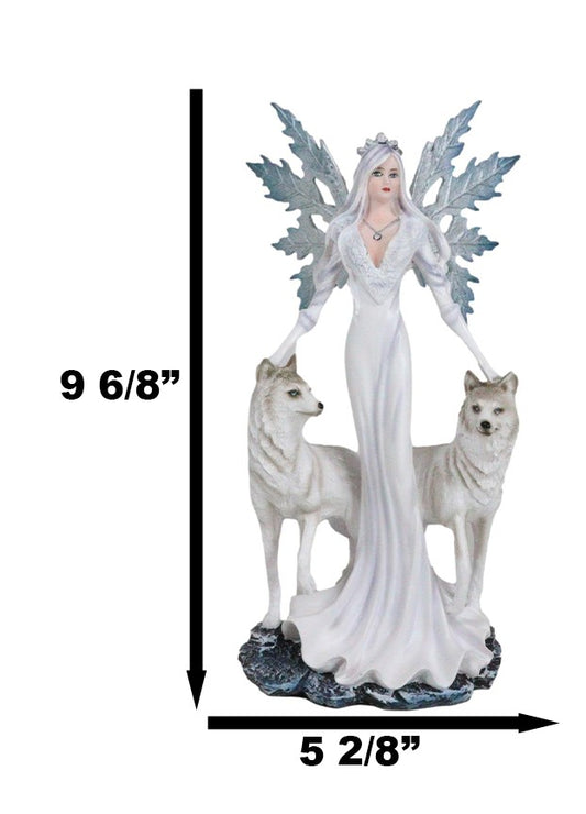 Crowned Fairy Queen in Snow White Gown Accompanied by Arctic Wolves Figurine