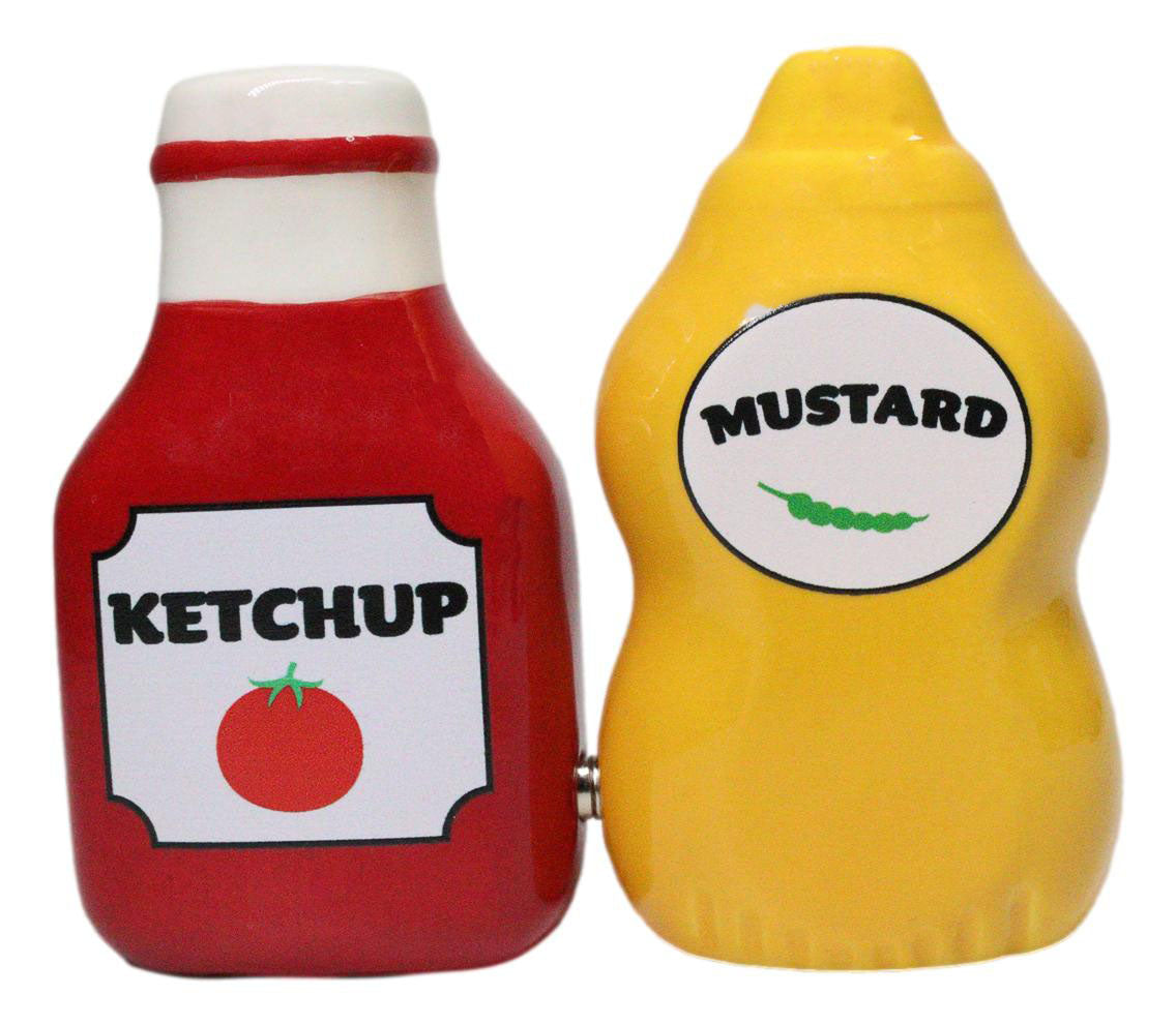 All American Red Ketchup And Yellow Mustard Ceramic Salt And Pepper Shakers Set