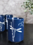 Blue Dragonfly Yunomi Japanese Tea Cups Set of 6 Reactive Glaze Ceramic 10 oz