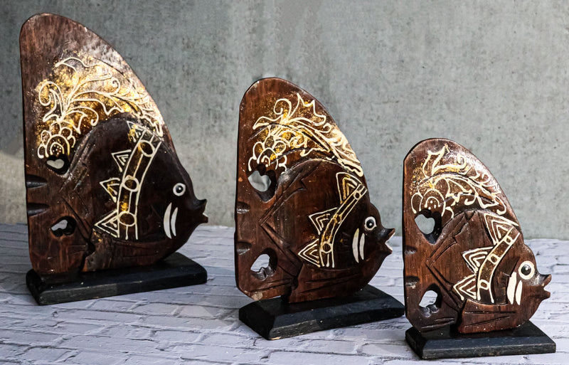 Balinese Wood Handicrafts Tropical Crown Angel Fish Family Set of 3 Figurines