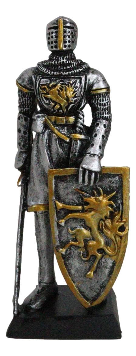 Medieval Knight In Suit Of Armor With Sword And Heraldry Shield Mini Figurine - Ebros Gift