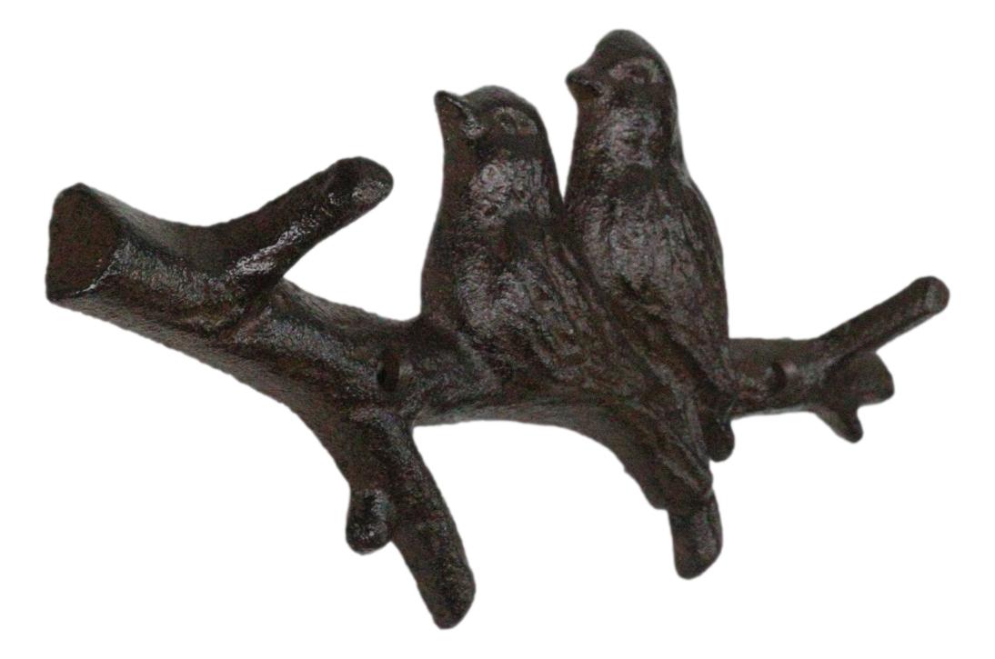 Set of 2 Cast Iron Rustic 2 Lovebirds Perching On Branch 2-Pegs Wall Hooks