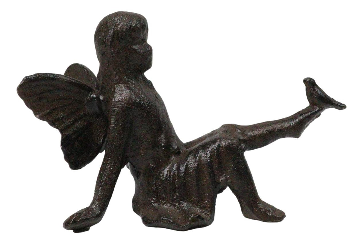Cast Iron Sitting Whimsical Fairy With Bird On Her Feet Small Sculpture 5.75"L