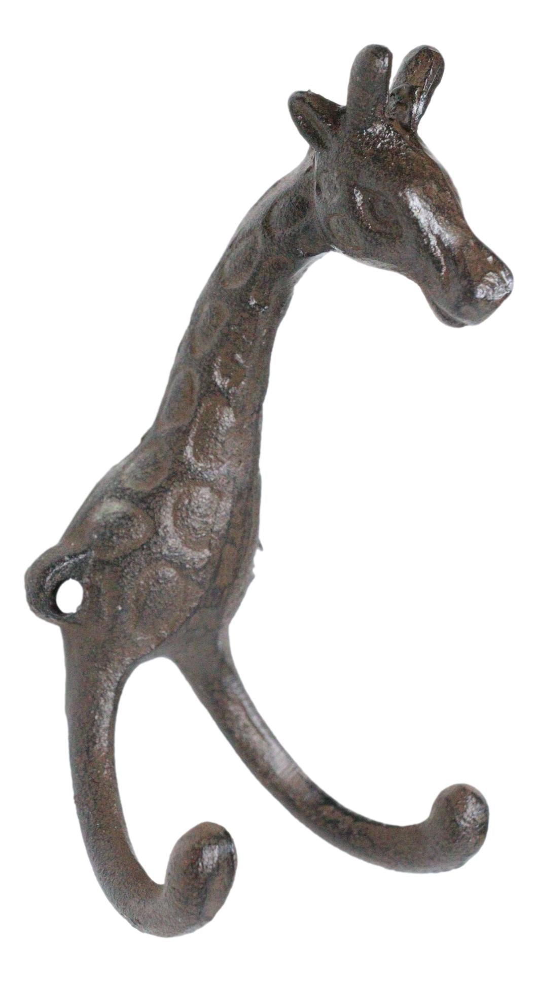 Pack Of 2 Cast Iron Safari Masai Giraffe Head Decor Double Wall Coat Towel Hooks - Ebros Gift
