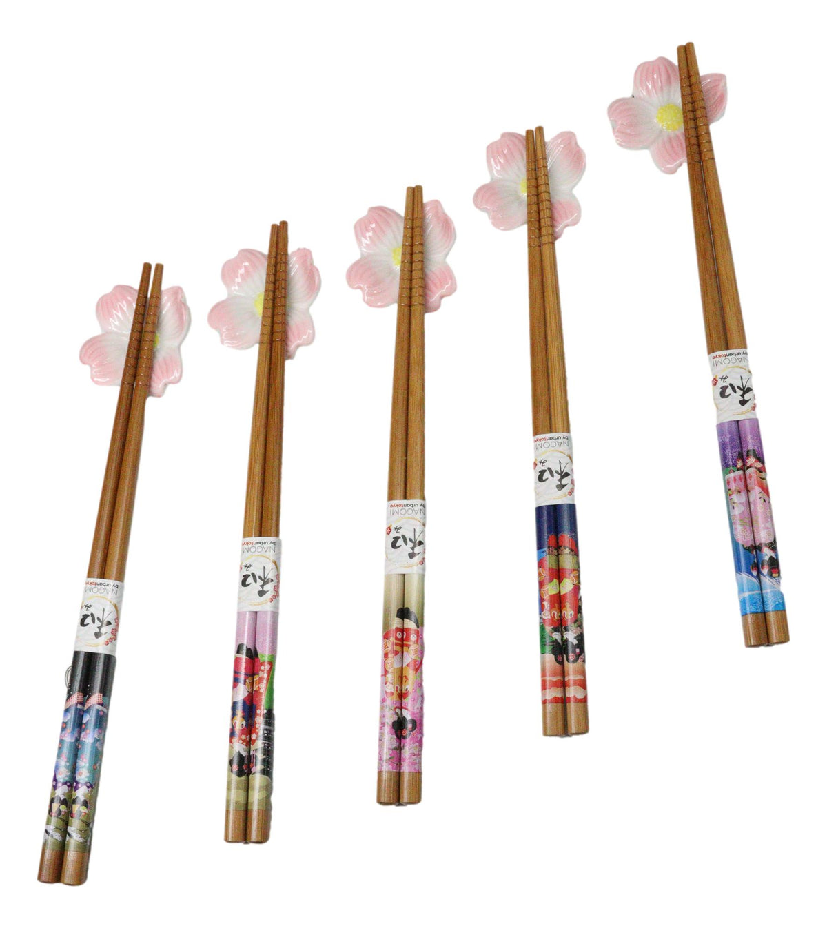 5 Pairs Of Pink Cherry Blossoms Sakura Ceramic Rests With Wooden Chopsticks Set