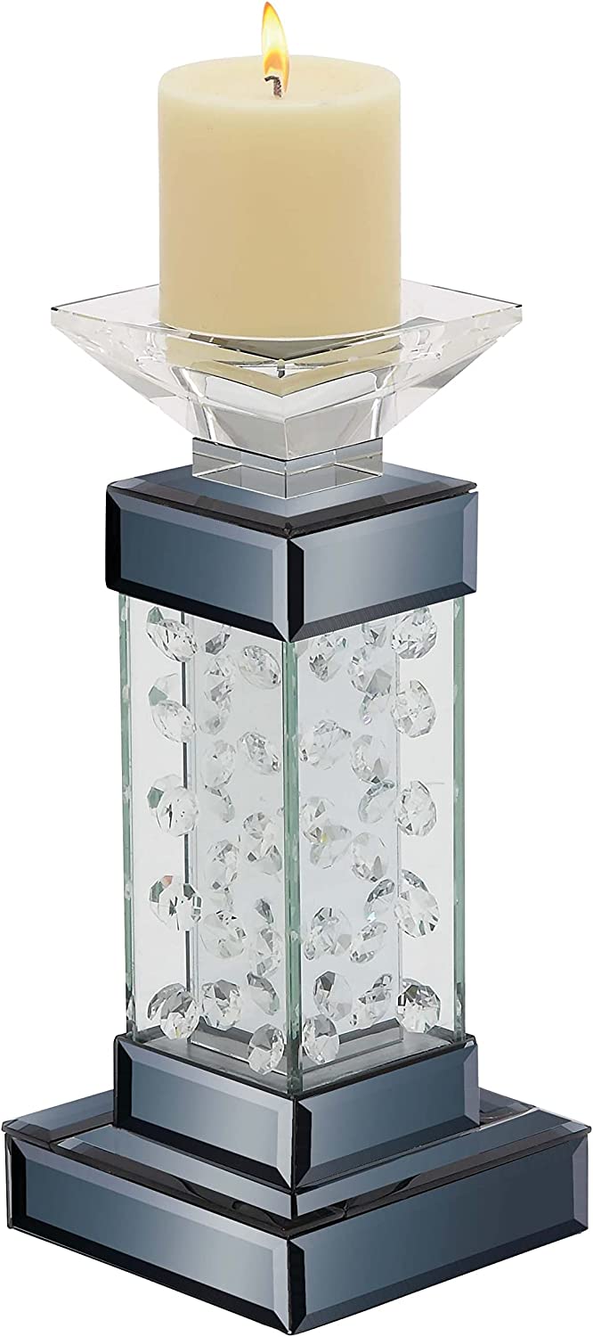 Modern Chic Beveled Floating Crystals Glass and Metal Pillar Candle Holder 11"H
