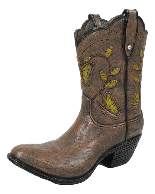 Western Yellow Butterfly and Flowers Faux Leather Cowgirl Boot Vase Figurine