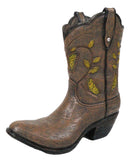 Western Yellow Butterfly and Flowers Faux Leather Cowgirl Boot Vase Figurine