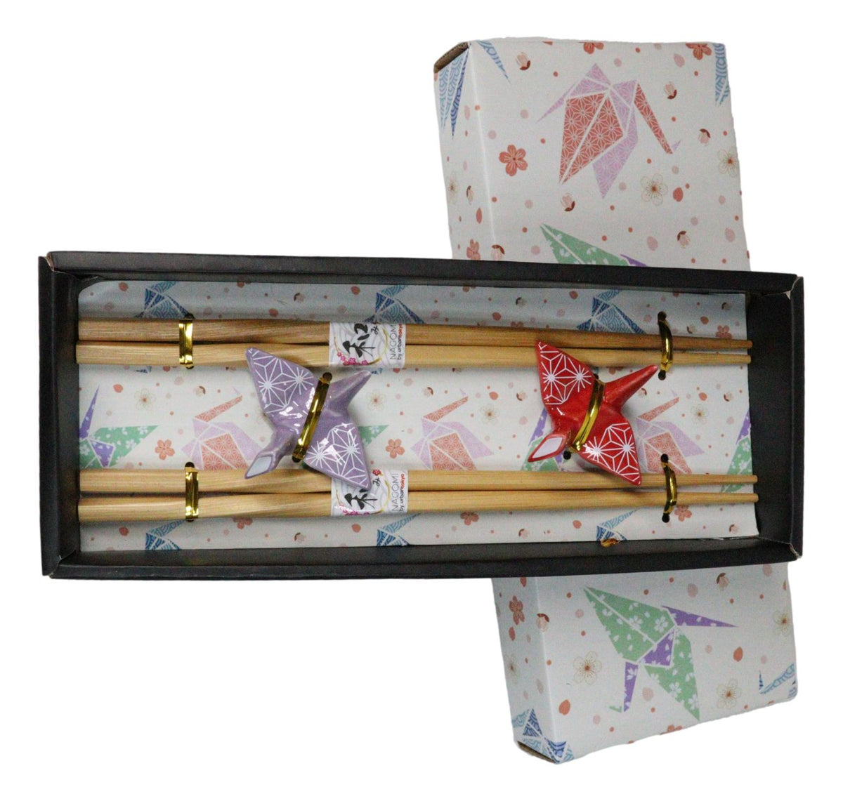 Red And Purple Origami Cranes Set of 2 Wooden Chopsticks And Ceramic Rests Set