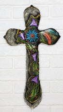 Colorful Floral Blooms And Vines With Southwestern Feathers Wall Cross Plaque