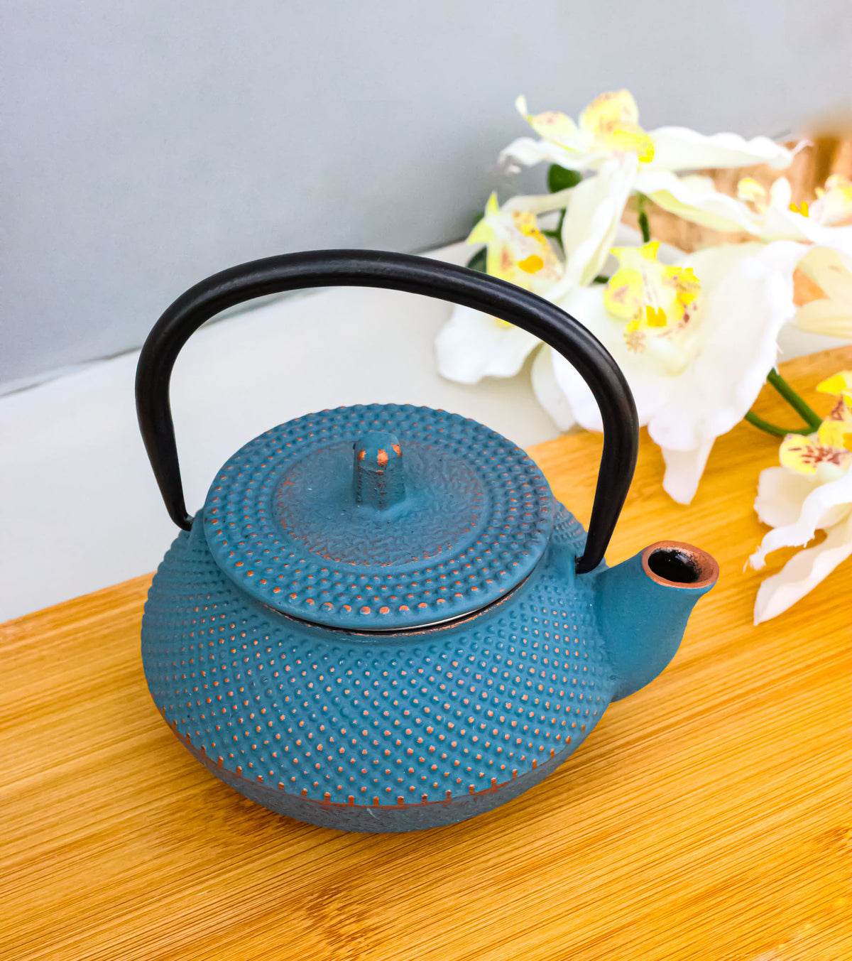 Sky Blue Hobnail Rustic Textured Petite Cast Iron Teapot 10oz Tea Pot