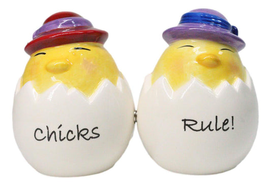 Chicks Rule Yellow Chickens Breaking Our Of Egg Salt And Pepper Shakers Set
