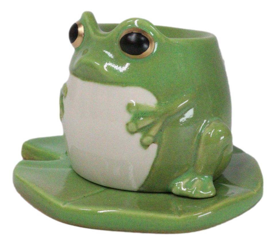 Whimsical Green Toad Frog On Lily Pad Ceramic Essential Oil Warmer Candle Holder - Ebros Gift