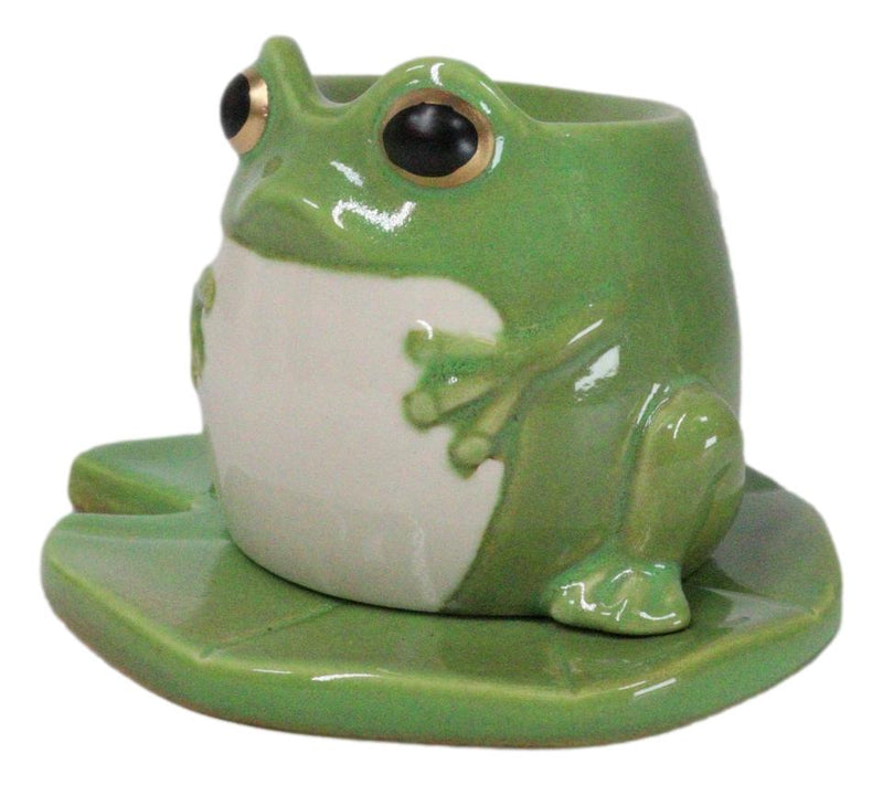 Whimsical Green Toad Frog On Lily Pad Ceramic Essential Oil Warmer Candle Holder