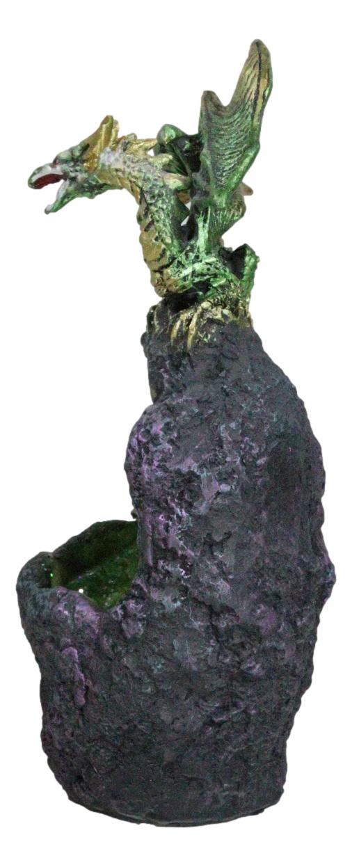Metallic Green Gold Meteorite Dragon On Faux Geode Crystal Cavern Rock Figurine