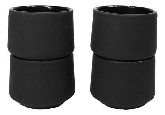 Gray Blue Modern Cylindrical Japanese Tetsubin Style Cast Iron Tea Cups Set of 4