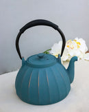 Blue Gold Streaks Wide Base Vertical Lines Medium Cast Iron Teapot 33oz Tea Pot