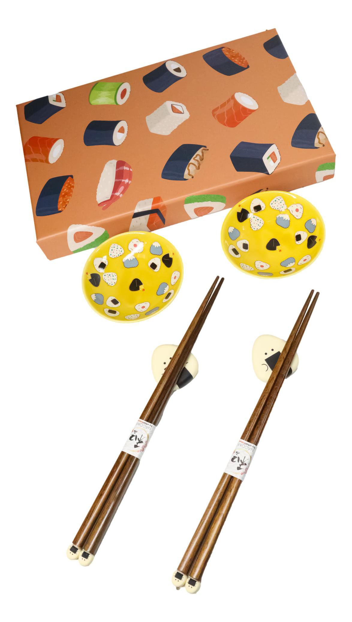 Onigiri Rice Balls Yellow Sauce Dishes Chopsticks And Rests Sushi Set For 2